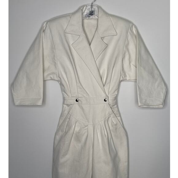 Vintage Venezia Sportswear White Denim Jumpsuit 80s Power Suit Cinched Waist XXS - Picture 3 of 16